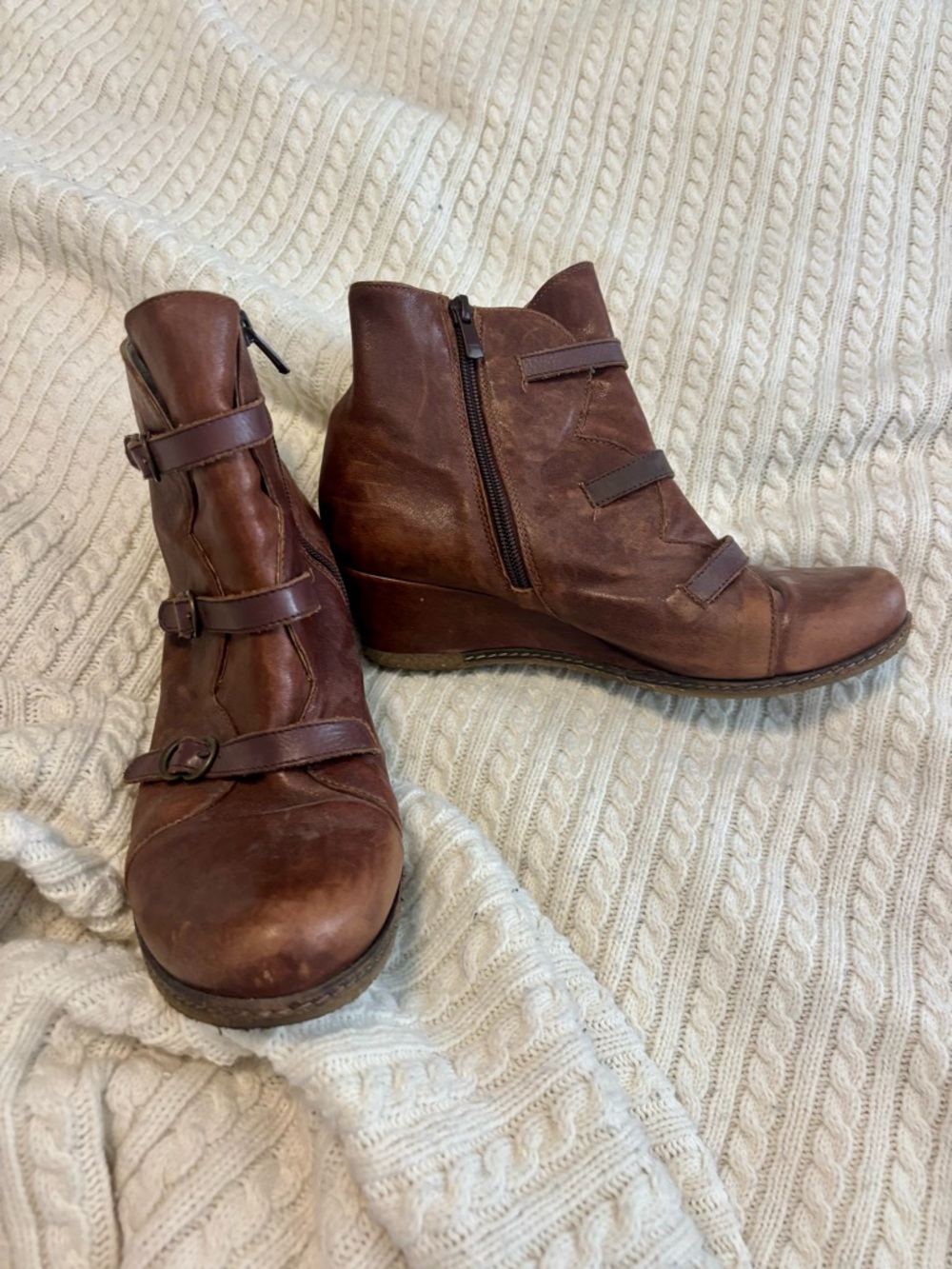 Eric Michael Lena Brown Leather Wedge Ankle Booties with Strap Details size 40